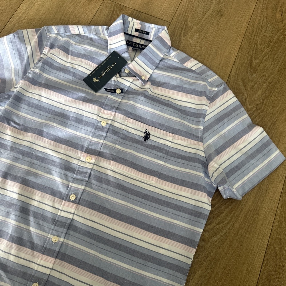 U.S. Polo Assn. Striped SS Button Down Shirt Blue Pink Men's Preppy Stretch‎ Med